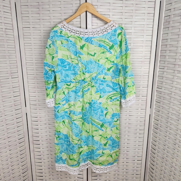 Lilly Pulitzer Sherman Linen Tunic Dress In Gator Alley Size L Blue Green Leaf‎ - Picture 3 of 6